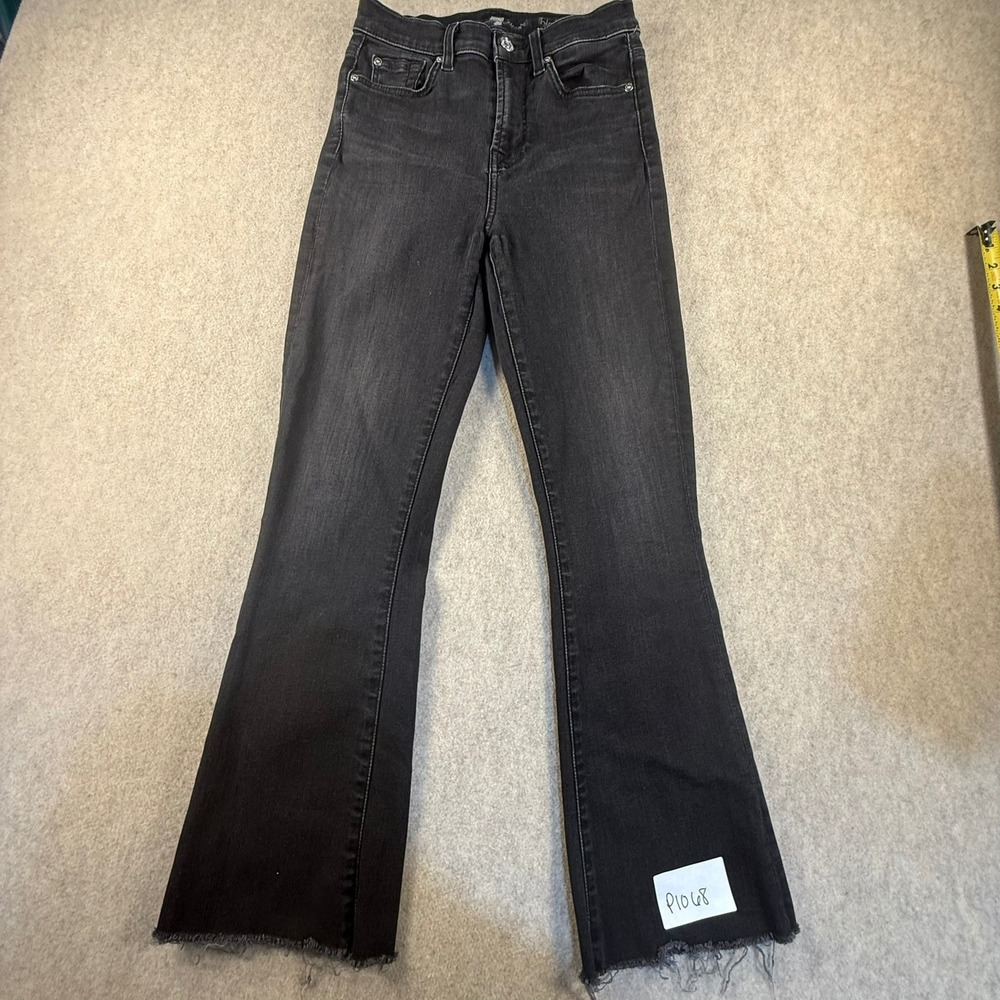 7 For All Mankind High Waist Slim Kick Jeans Black Raw Hem Size 25